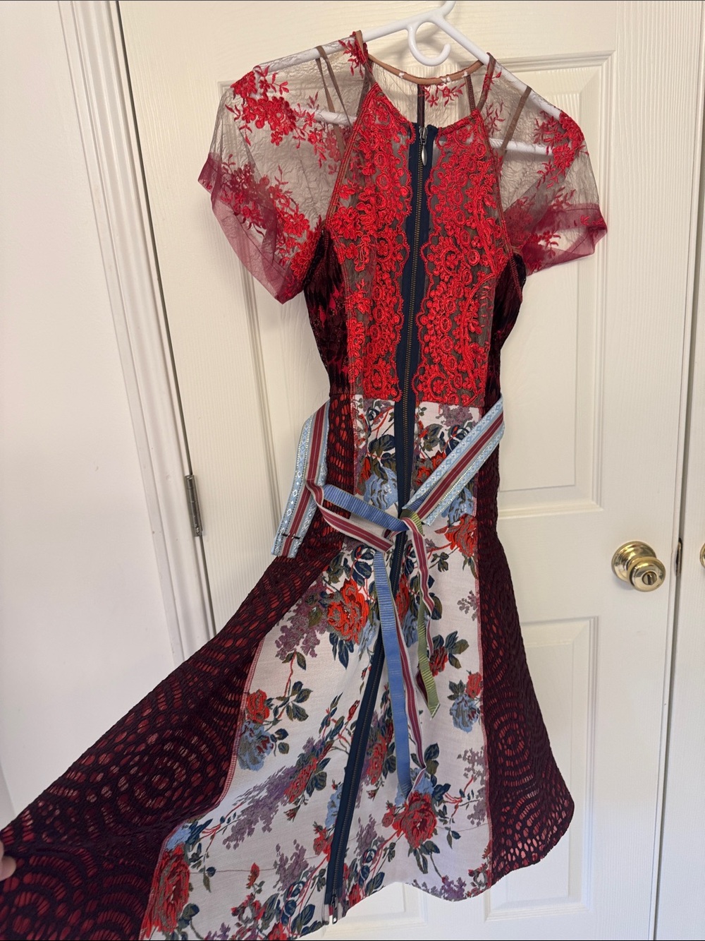 Free People Red & Burgundy Lace Mixed-Media Midi Dress - Picture 2 of 4